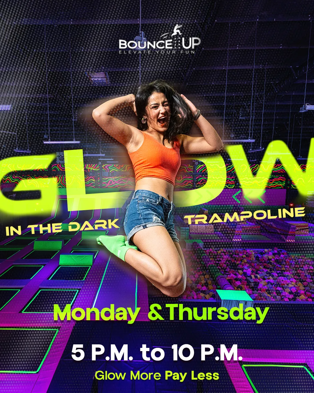 BounceUp Glow in the Dark trampoline nights — Monday and Thursday in Ahmedabad and Vadodara